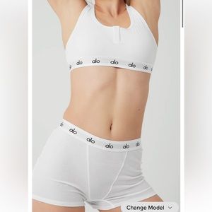 Alo Yoga Icon ribbed boyshort underwear and sports bra set white